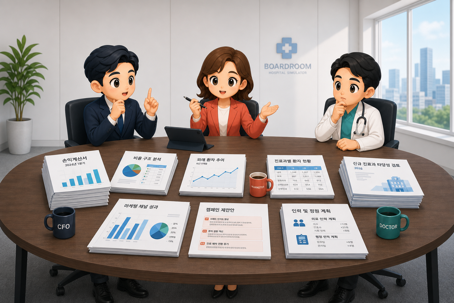Boardroom 회의실 — 재무이사, 마케팅실장, 진료원장